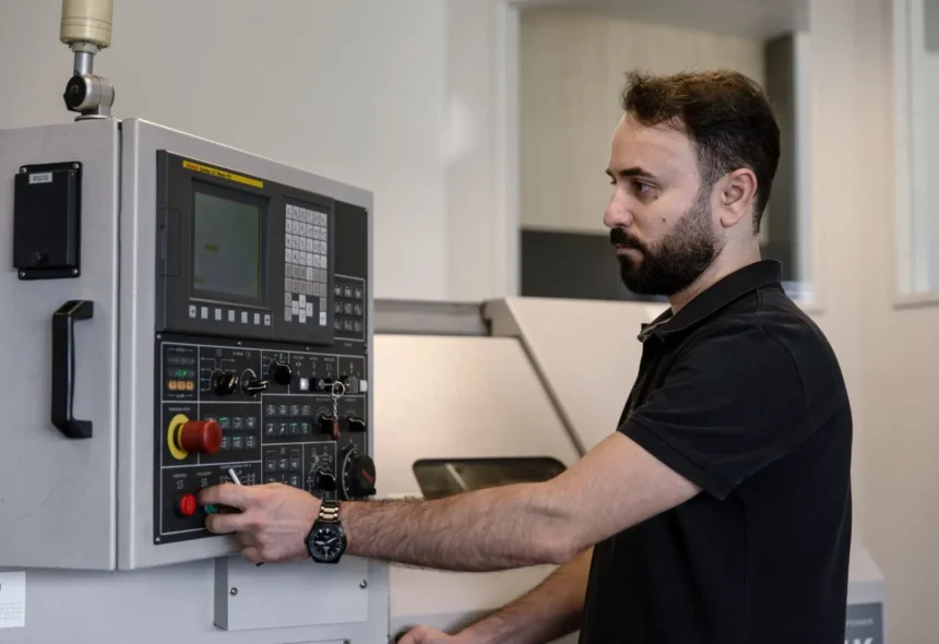 Kawa Saedun mentre aziona il pannello di controllo di una macchina utensile CNC