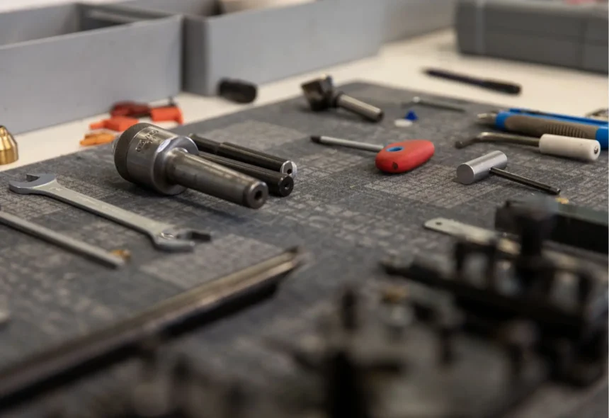 Utensili e strumenti di misura ordinati su un banco da lavoro nella produzione di Doma-Tech